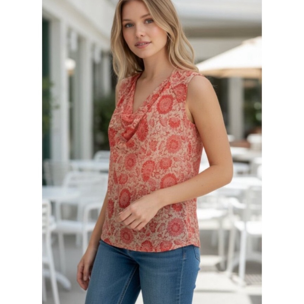 CAbi #5037 Vita Drape Neck Sleeveless Blouse Size Small Floral Keyhole Back